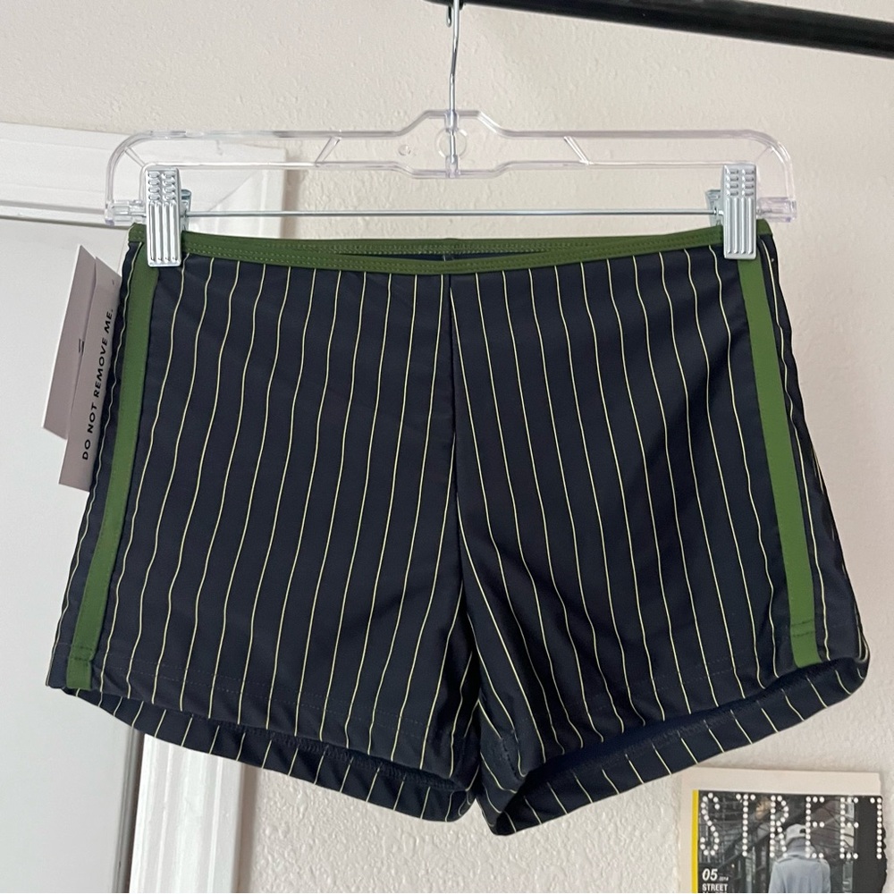 NWT WITH JEAN navy pin striped nylon spandex high rise side‎ stripe swim shorts